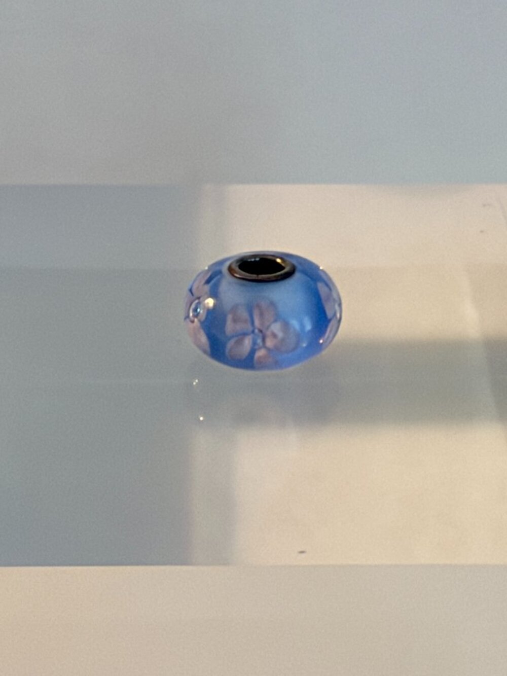 Trollbeads Blue Glass Floral Bead with Pink Flowers, Sterling Core